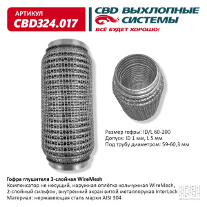 Гофра глушителя 3х-сл WIRE MESH 60-200. CBD324.017